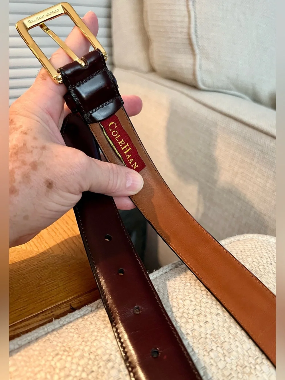 Cole Haan Men's Dark Brown Leather Dress Belt with Gold Buckle Size 36/90.